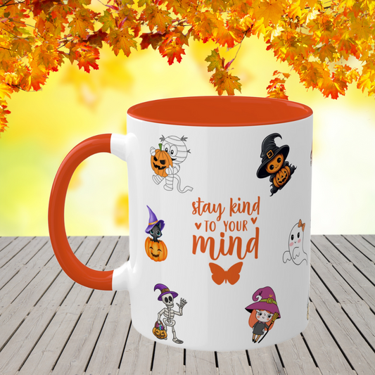 Stay Kind To Your Mind - Halloween Affirmation Mug - 11oz Ceramic Coffee Cup with Positive Quotes & Cute Vibes