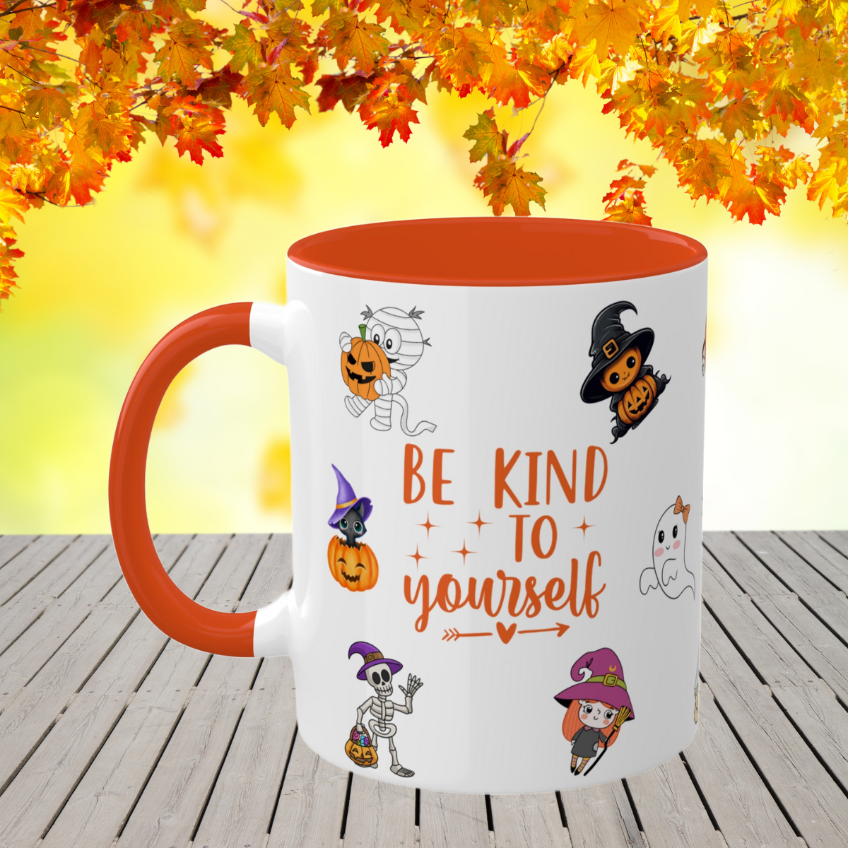 Be Kind To Yourself - Halloween Affirmation Mug - 11oz Ceramic Coffee Cup with Positive Quotes & Cute Vibes