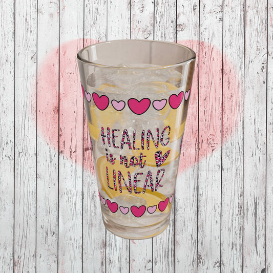 Healing is Not Linear 16oz Pint Glass - Valentine's Day Self-Care Gift, Mindful Positivity Drinkware