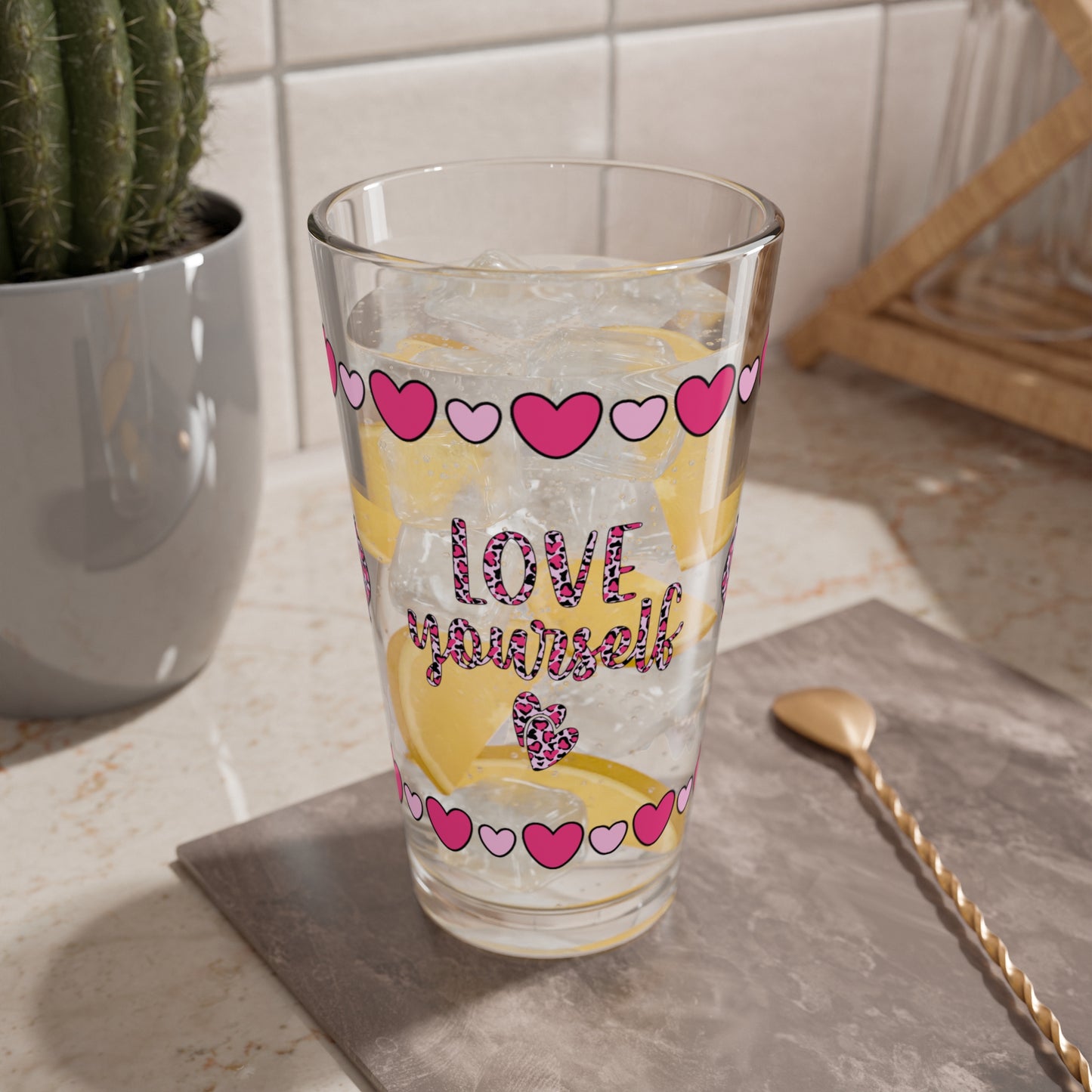 Love Yourself 16oz Pint Glass - Valentine's Day Self-Care Gift, Mindful Positivity Drinkware