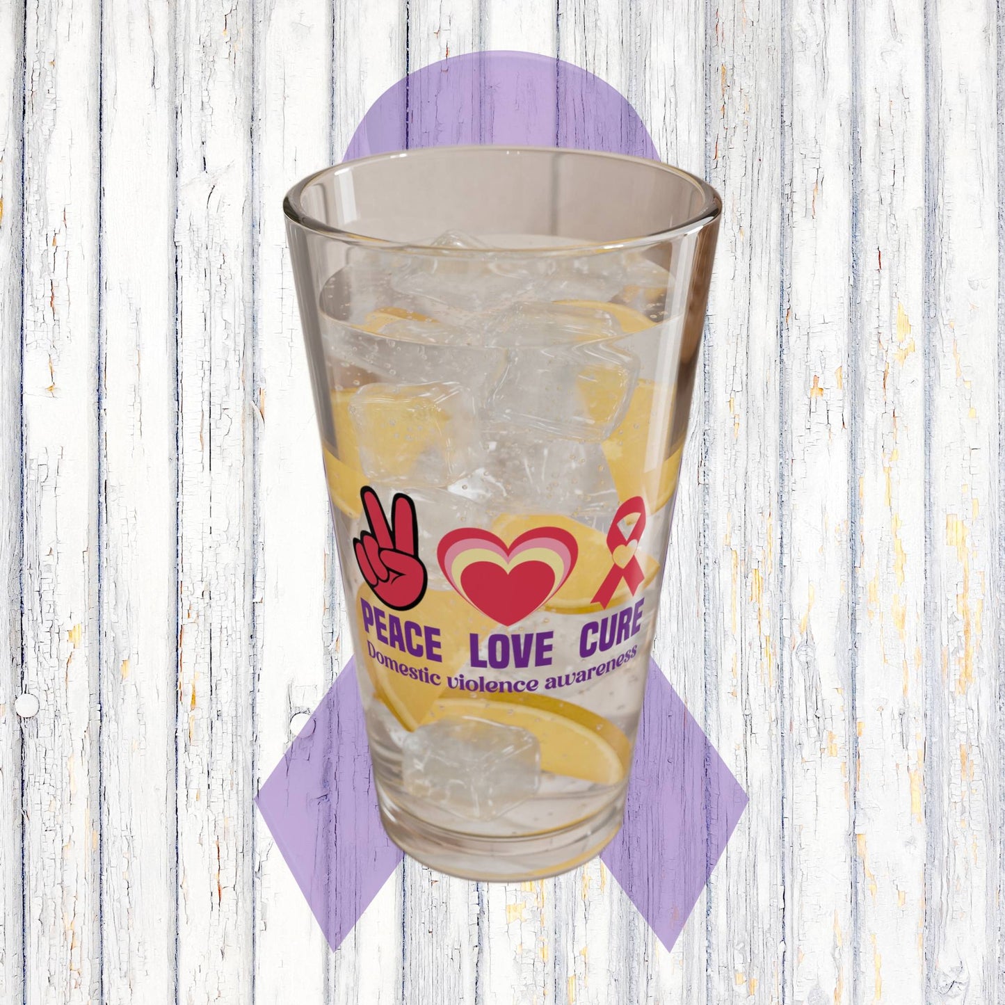 Peace Love Cure Domestic Violence Awareness 16oz Pint Glass - Stop Abuse, Support Survivors, Break the Silence