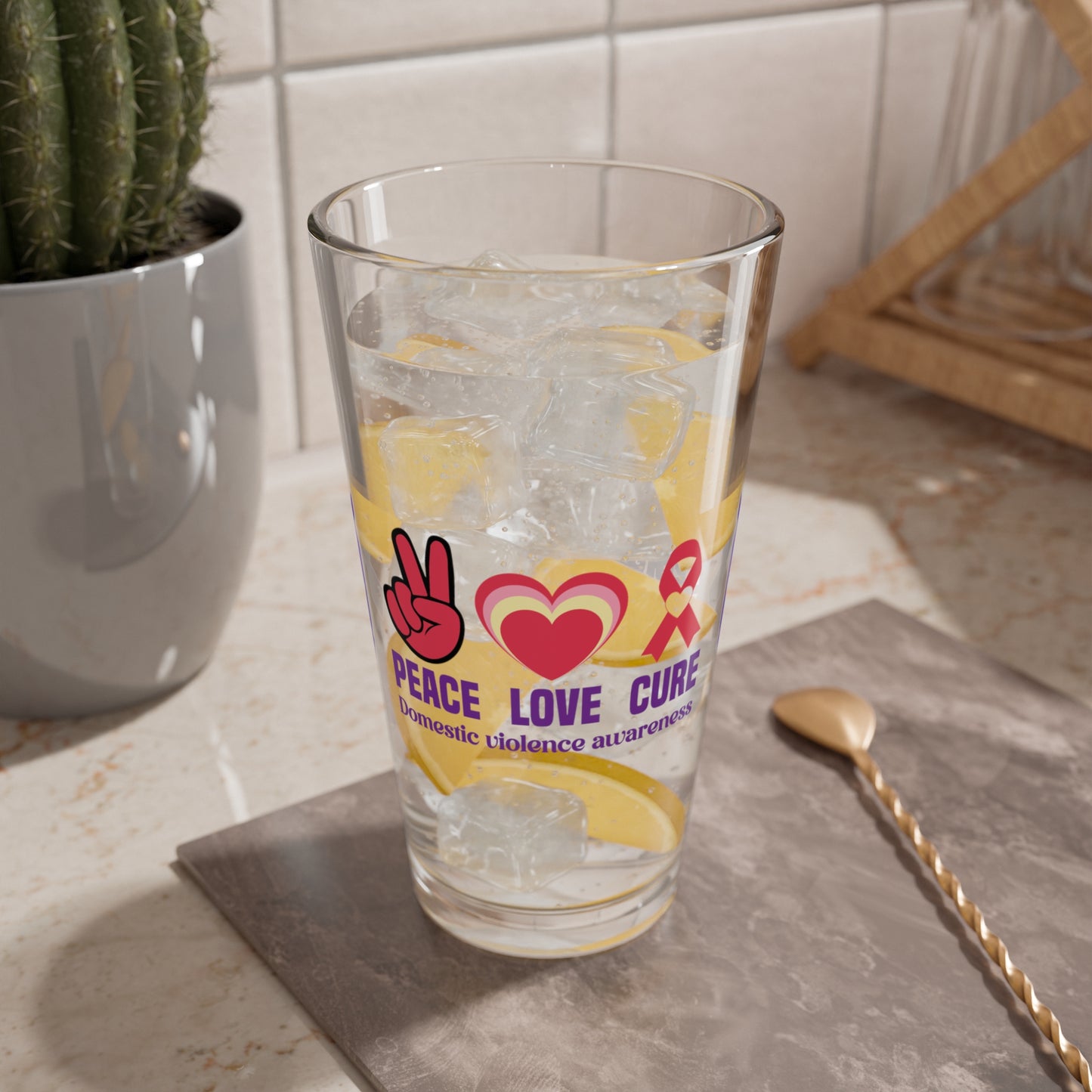 Peace Love Cure Domestic Violence Awareness 16oz Pint Glass - Stop Abuse, Support Survivors, Break the Silence