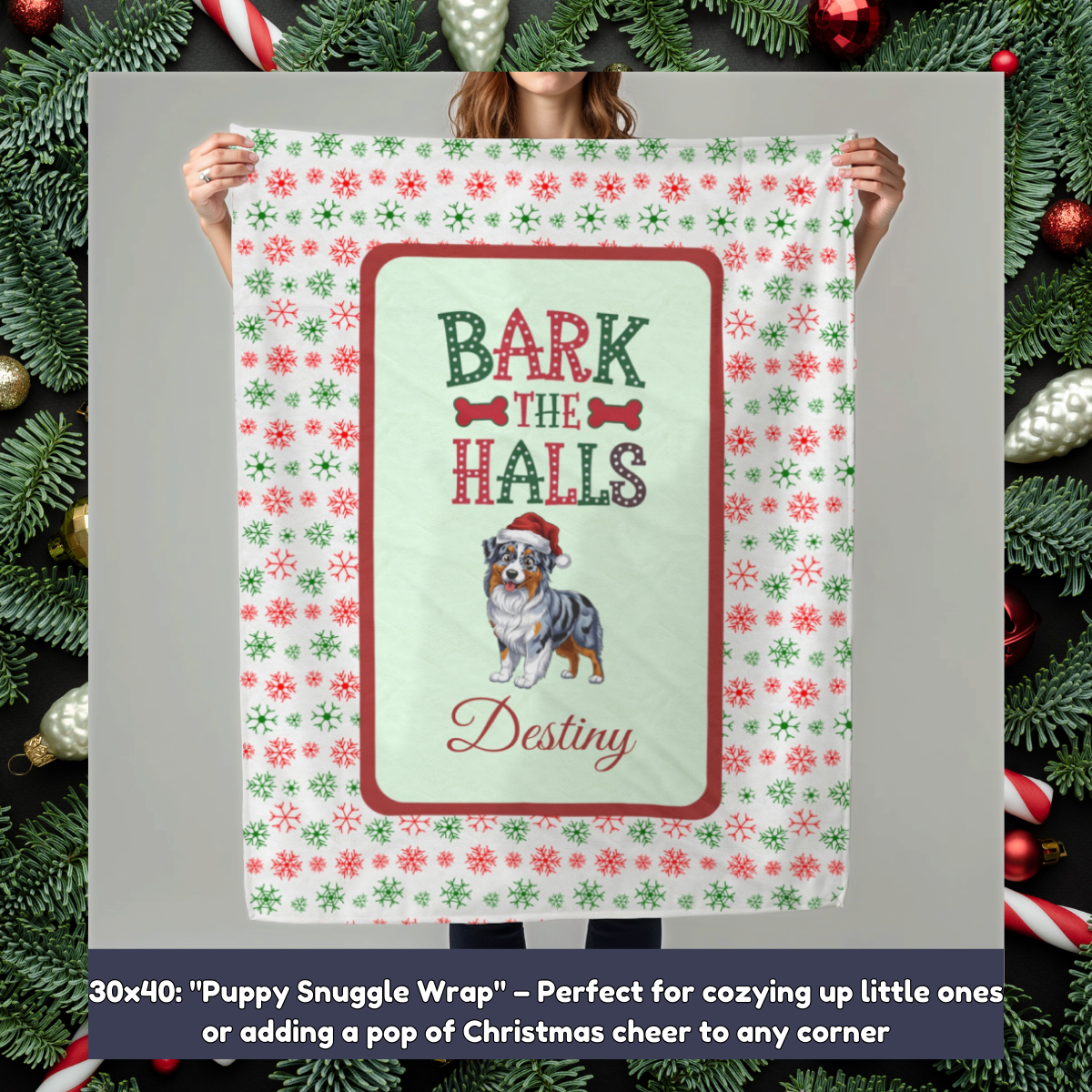 Australian Shepherd (Blue Merle) Personalized Velveteen Plush Blanket - "Bark The Halls" | Cozy Holiday Gift for Dog Lovers