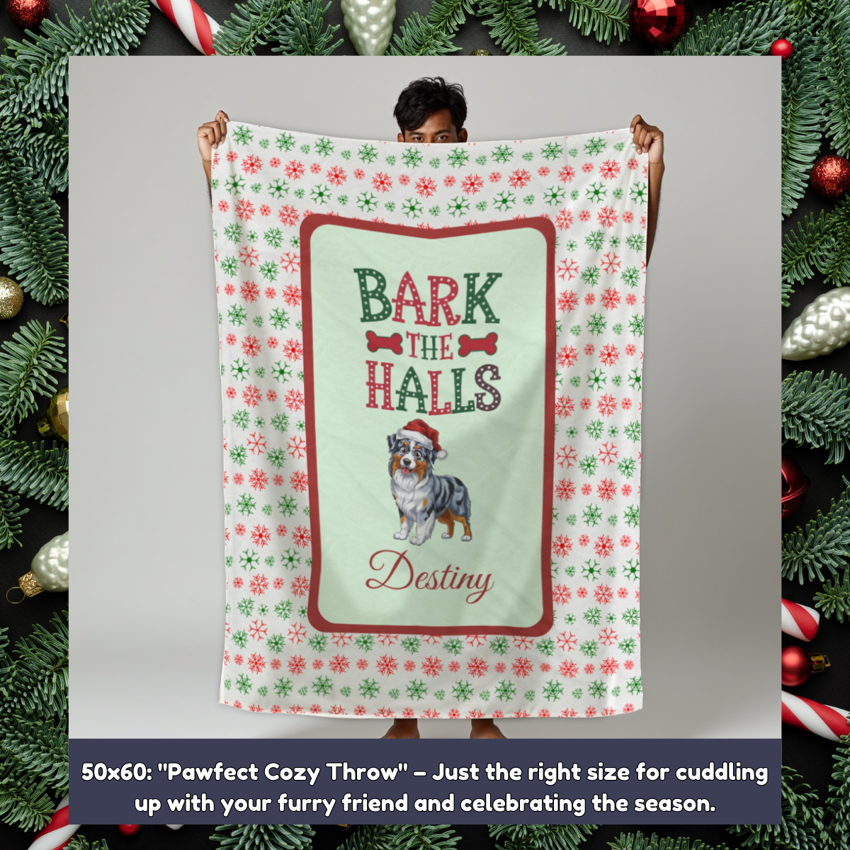 Australian Shepherd (Blue Merle) Personalized Velveteen Plush Blanket - "Bark The Halls" | Cozy Holiday Gift for Dog Lovers