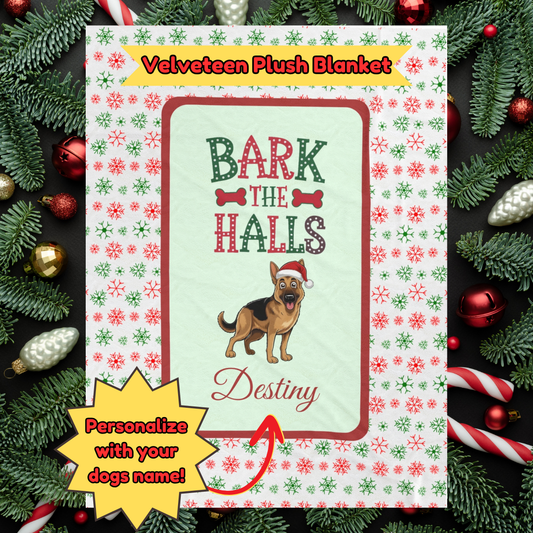 German Shepherd Personalized Velveteen Plush Blanket - "Bark The Halls" | Cozy Holiday Gift for Dog Lovers