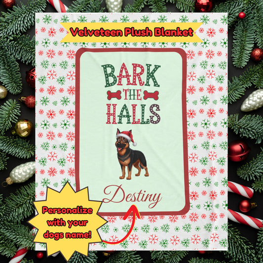 German Shepherd (Black & Rust) Personalized Velveteen Plush Blanket - "Bark The Halls" | Cozy Holiday Gift for Dog Lovers