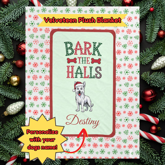 German Shepherd (White) Personalized Velveteen Plush Blanket - "Bark The Halls" | Cozy Holiday Gift for Dog Lovers