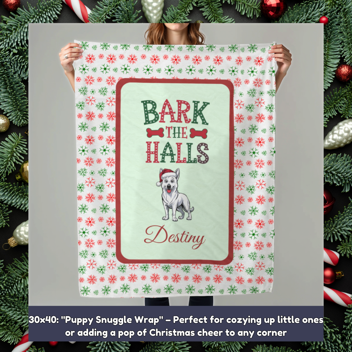 German Shepherd (White) Personalized Velveteen Plush Blanket - "Bark The Halls" | Cozy Holiday Gift for Dog Lovers