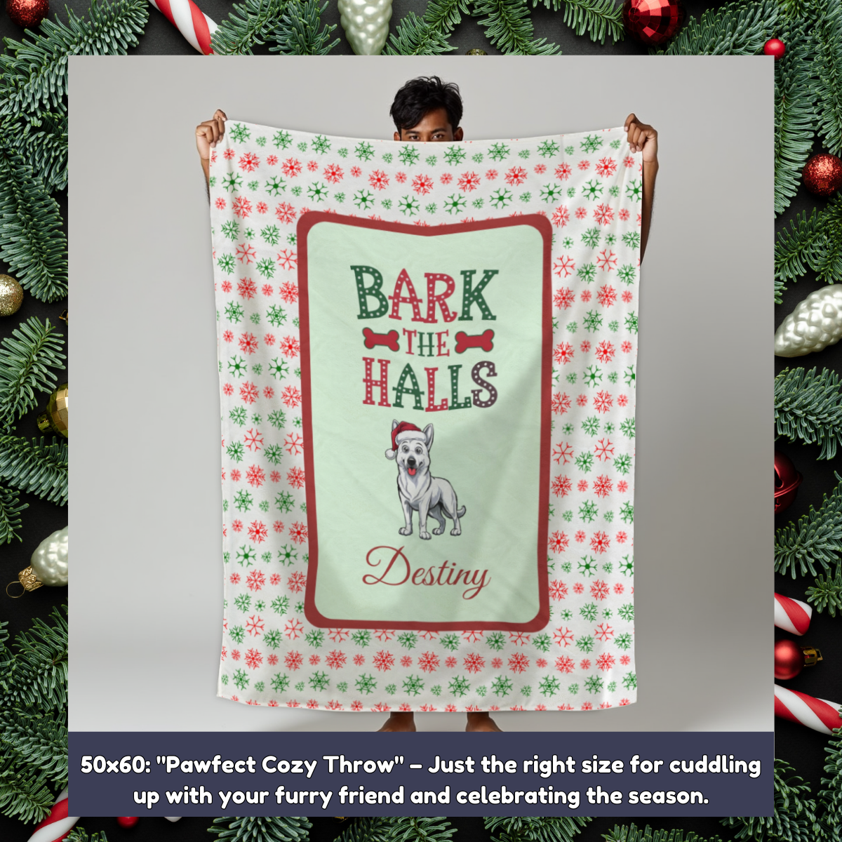 German Shepherd (White) Personalized Velveteen Plush Blanket - "Bark The Halls" | Cozy Holiday Gift for Dog Lovers