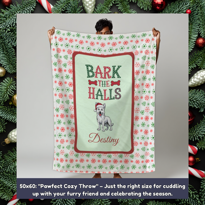 German Shepherd (White) Personalized Velveteen Plush Blanket - "Bark The Halls" | Cozy Holiday Gift for Dog Lovers