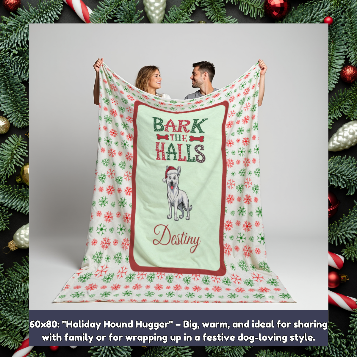 German Shepherd (White) Personalized Velveteen Plush Blanket - "Bark The Halls" | Cozy Holiday Gift for Dog Lovers