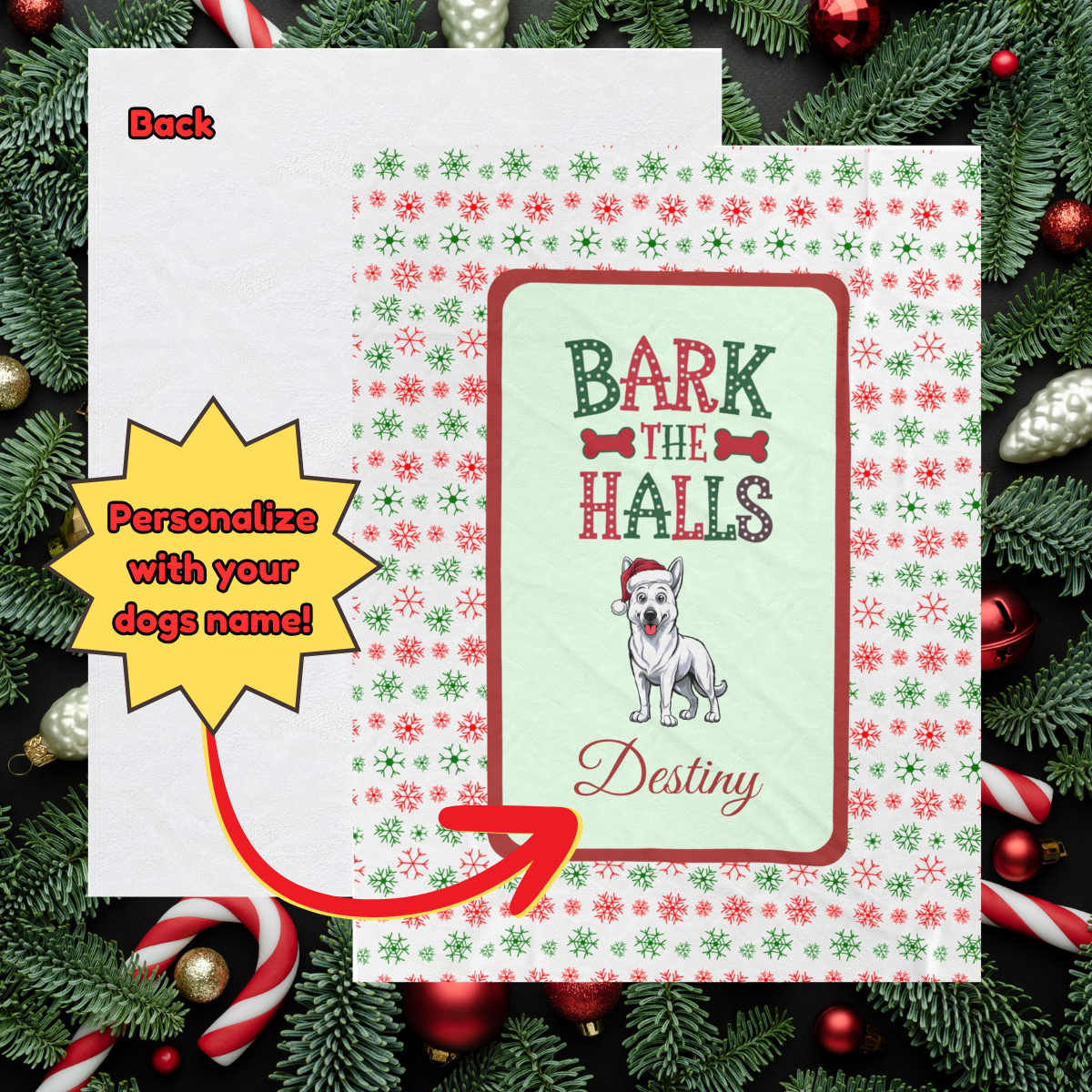 German Shepherd (White) Personalized Velveteen Plush Blanket - "Bark The Halls" | Cozy Holiday Gift for Dog Lovers