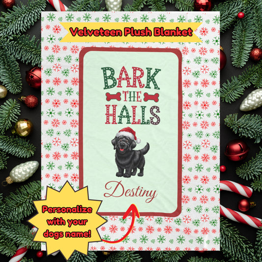 Labrador Retriever (Black) Personalized Velveteen Plush Blanket - "Bark The Halls" | Cozy Holiday Gift for Dog Lovers