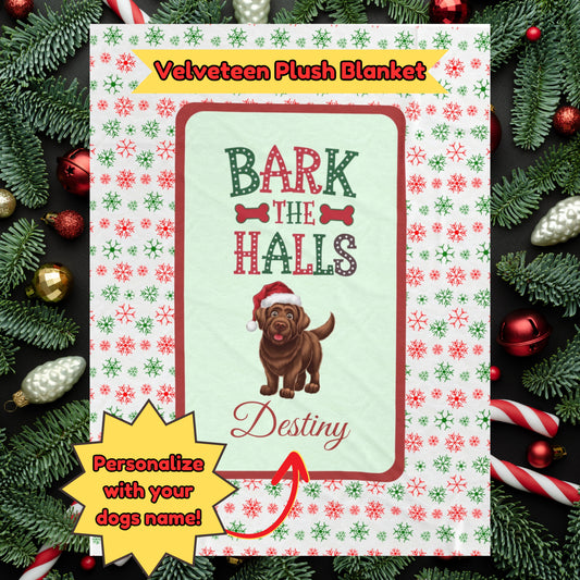 Labrador Retriever (Chocolate) Personalized Velveteen Plush Blanket - "Bark The Halls" | Cozy Holiday Gift for Dog Lovers