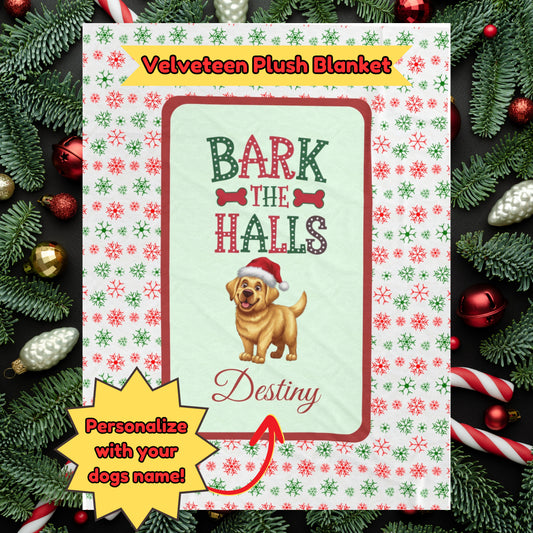 Labrador Retriever (Yellow) Personalized Velveteen Plush Blanket - "Bark The Halls" | Cozy Holiday Gift for Dog Lovers