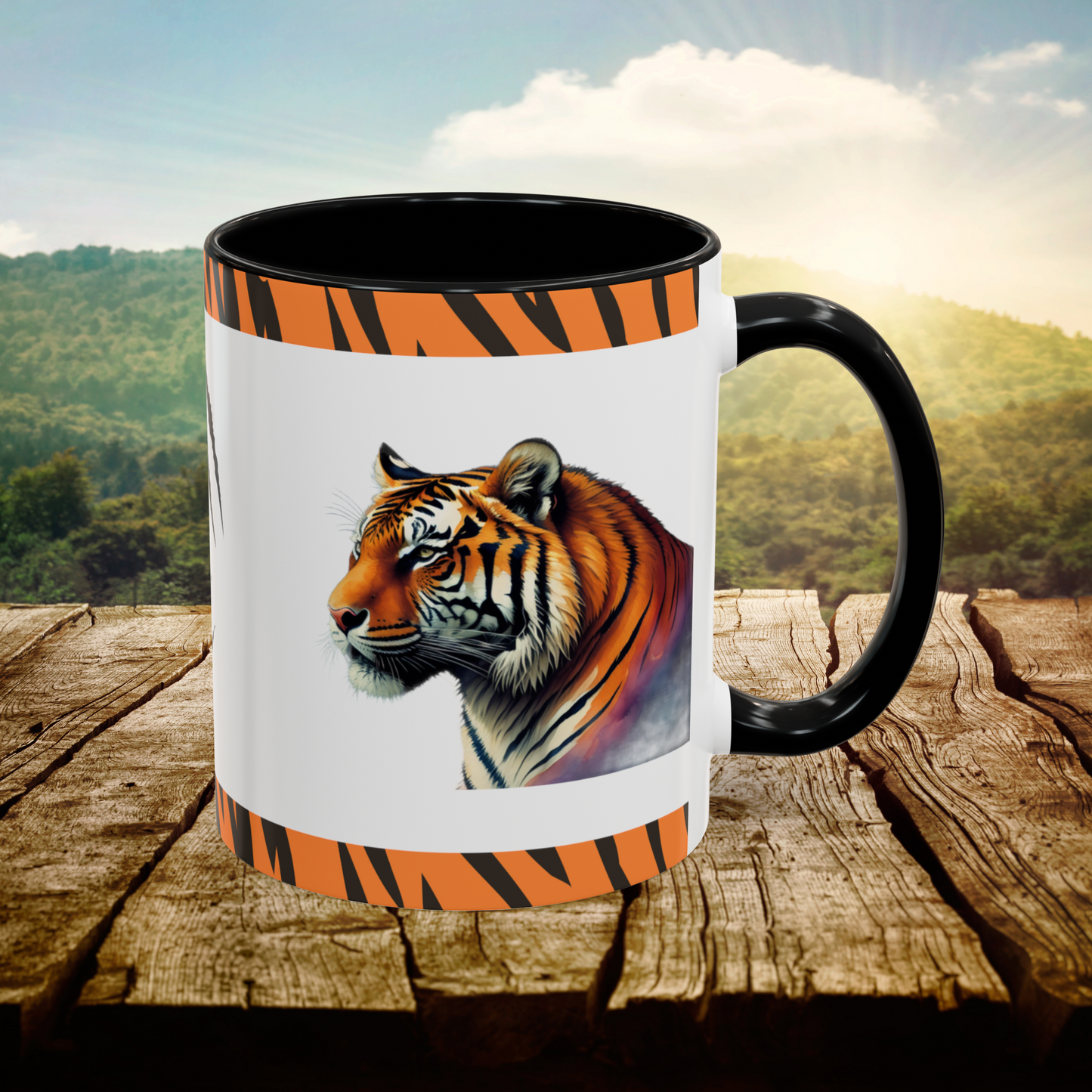 Striped Serenity: Tiger Accent Coffee Mug (11, 15oz)