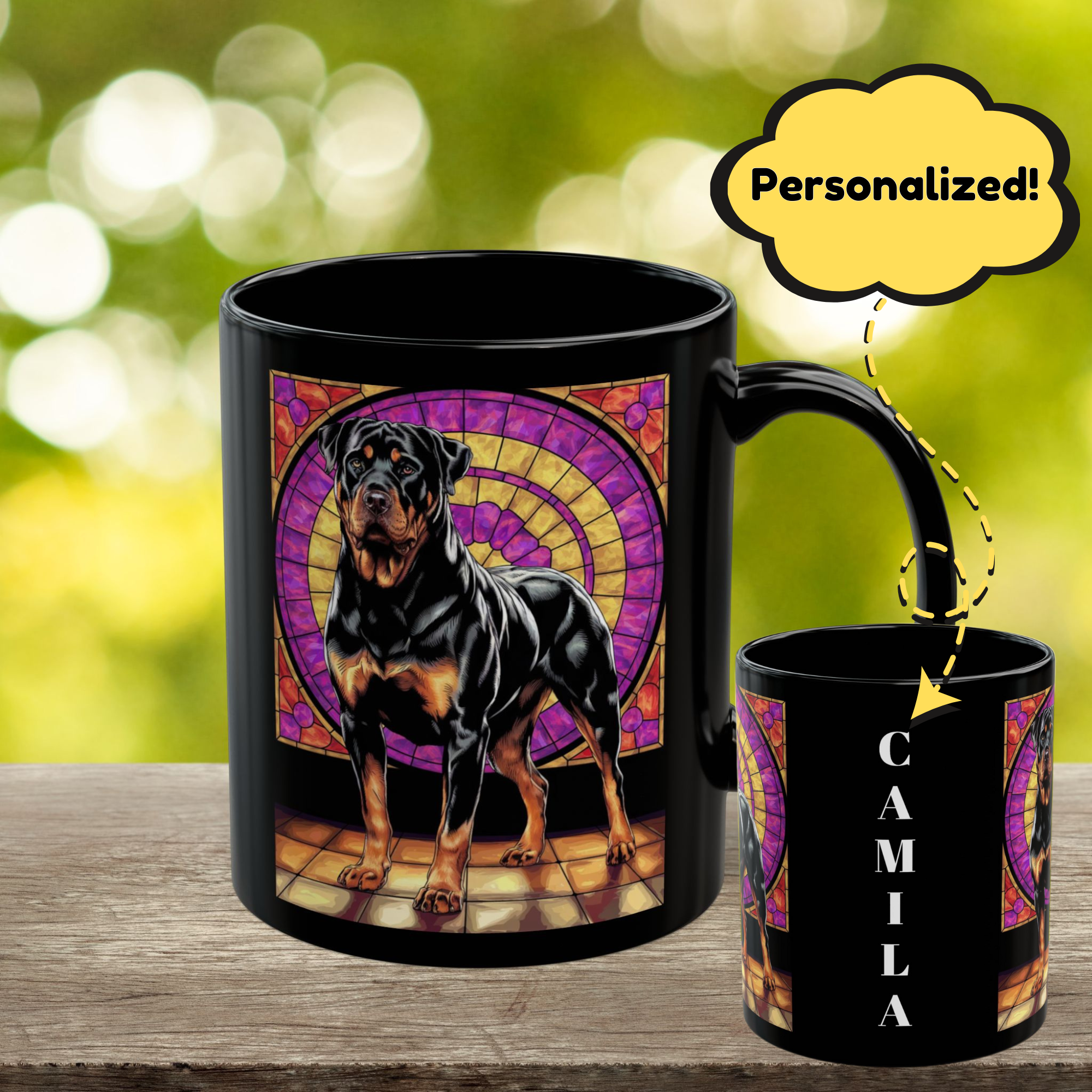 Rottweiler (Black & Rust) Personalized Mug with Stained Glass Design - 11oz/15oz