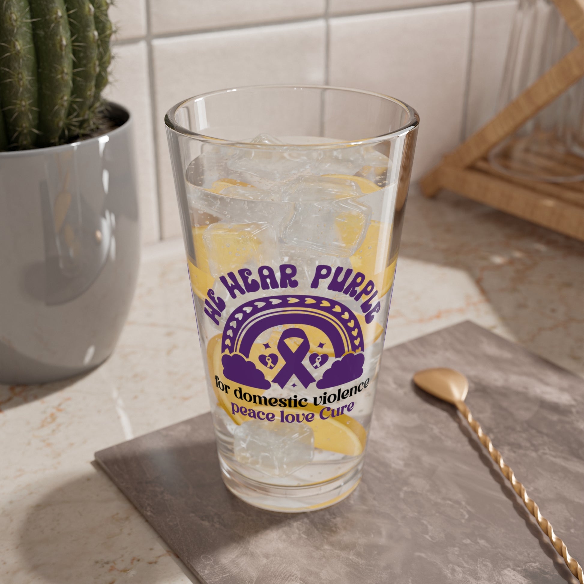 We Wear Purple for Domestic Violence 16oz Pint Glass - Stop Abuse, Support Survivors, Break the Silence