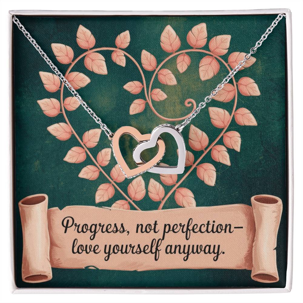 Progress, Not Perfection - Love Yourself Anyway: Interlocking Hearts Necklace - Symbol of Love, Connection, and Self-Care