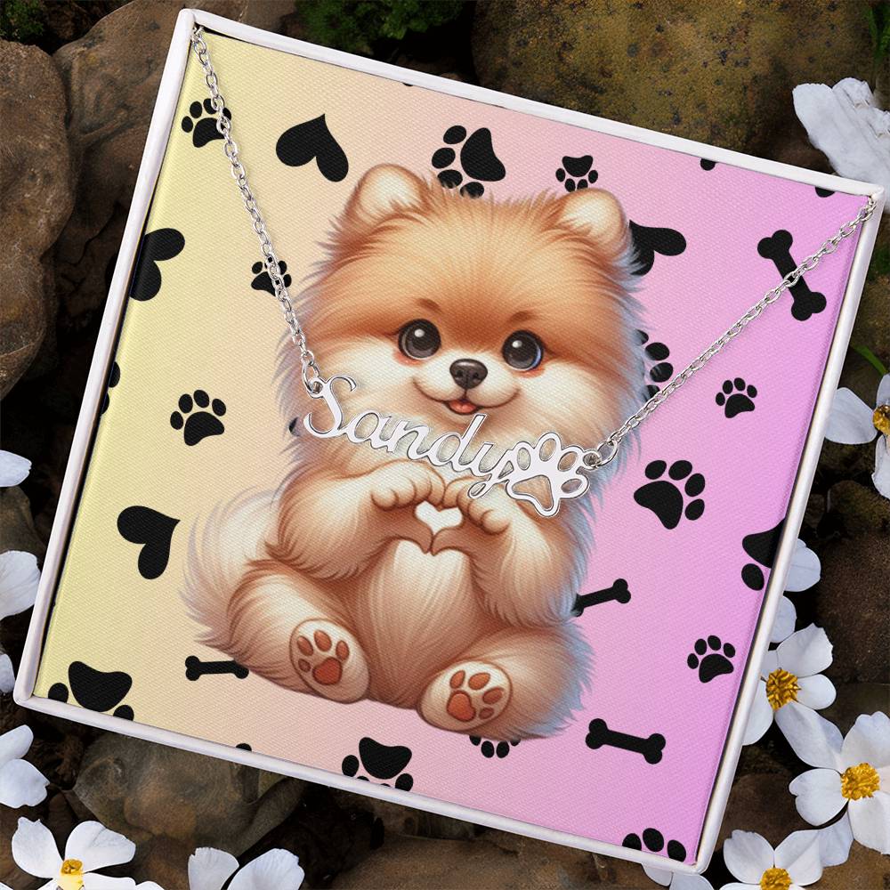 Pomeranian Dog - Personalized Name Necklace W/Paw Print Symbol - Custom Therapy Animal Jewelry & Keepsake