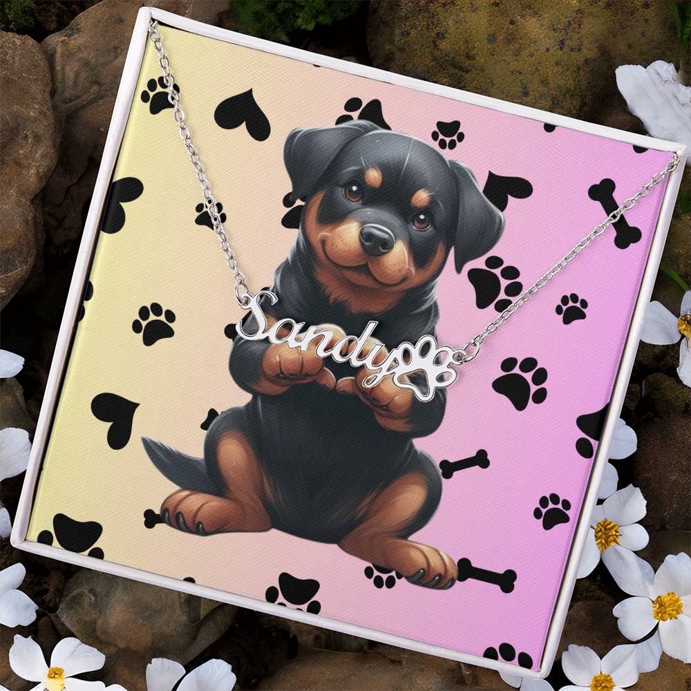 Rottweiler Dog - Personalized Name Necklace W/Paw Print Symbol - Custom Therapy Animal Jewelry & Keepsake