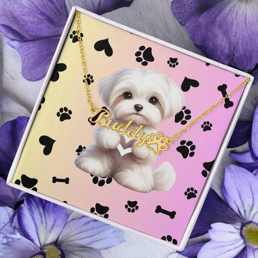 Maltese Dog - Personalized Name Necklace W/Paw Print Symbol - Custom Therapy Animal Jewelry & Keepsake