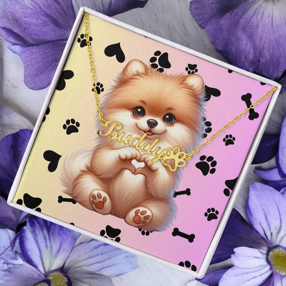 Pomeranian Dog - Personalized Name Necklace W/Paw Print Symbol - Custom Therapy Animal Jewelry & Keepsake