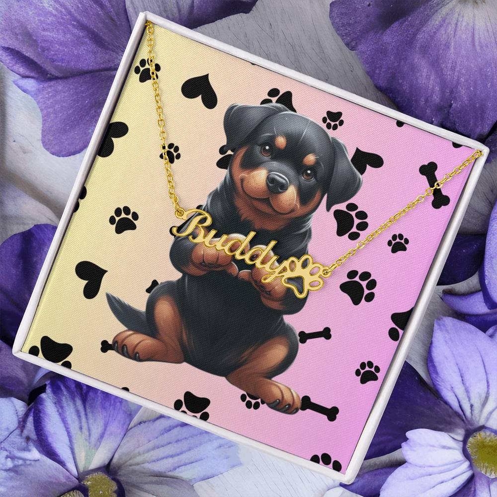 Rottweiler Dog - Personalized Name Necklace W/Paw Print Symbol - Custom Therapy Animal Jewelry & Keepsake