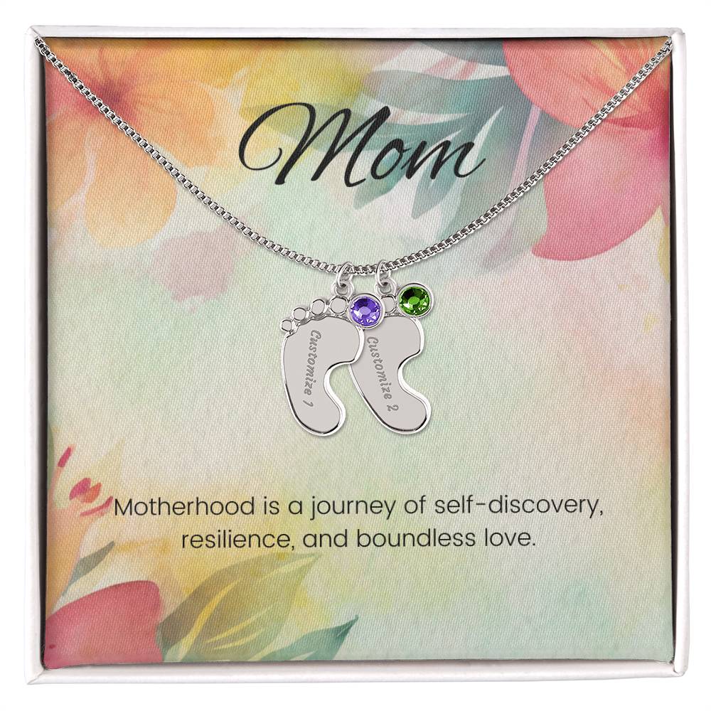 Motherhood is a journey of self-discovery...Engraved Baby Feet Necklace with Birthstone