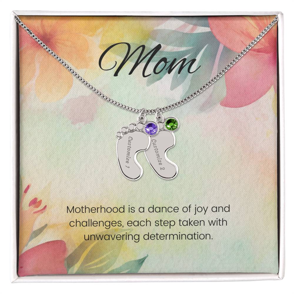 Motherhood is a dance of joy... Engraved Baby Feet Necklace with Birthstone