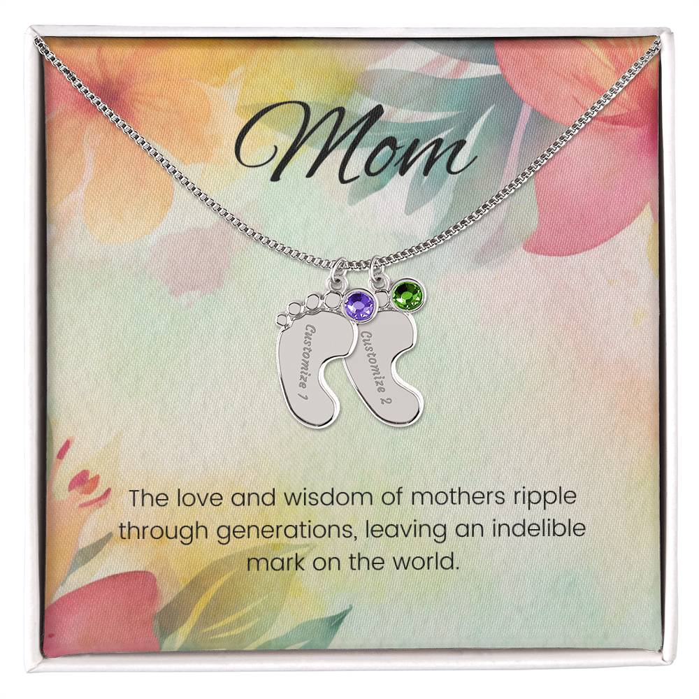 The love and wisdom of mothers...Engraved Baby Feet Necklace with Birthstone