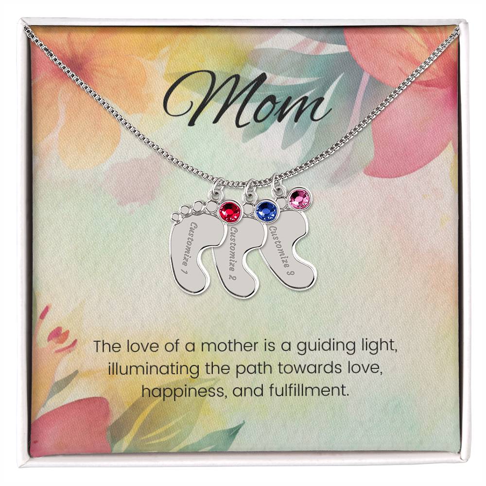 The love of a mother is a guiding light...Engraved Baby Feet Necklace with Birthstone