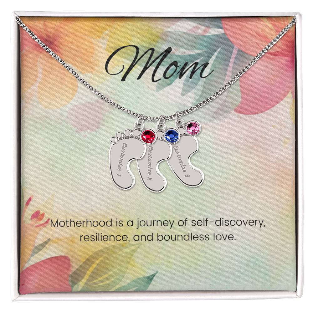 Motherhood is a journey of self-discovery...Engraved Baby Feet Necklace with Birthstone