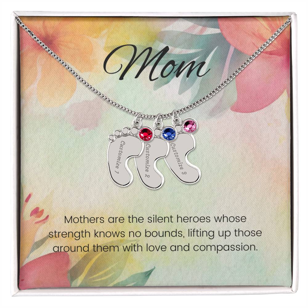 Mothers are the silent heroes...Engraved Baby Feet Necklace with Birthstone