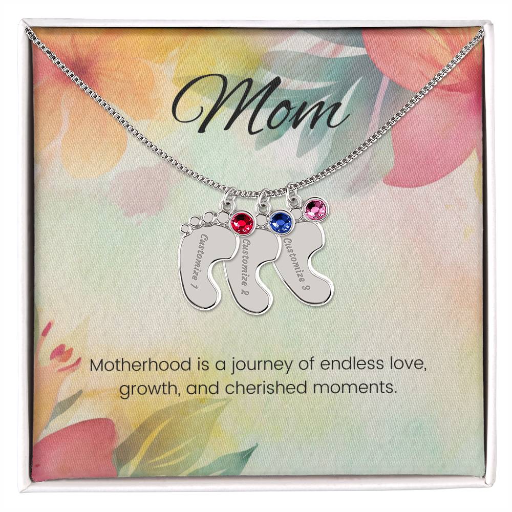 Motherhood is a journey of endless love...Engraved Baby Feet Necklace with Birthstone