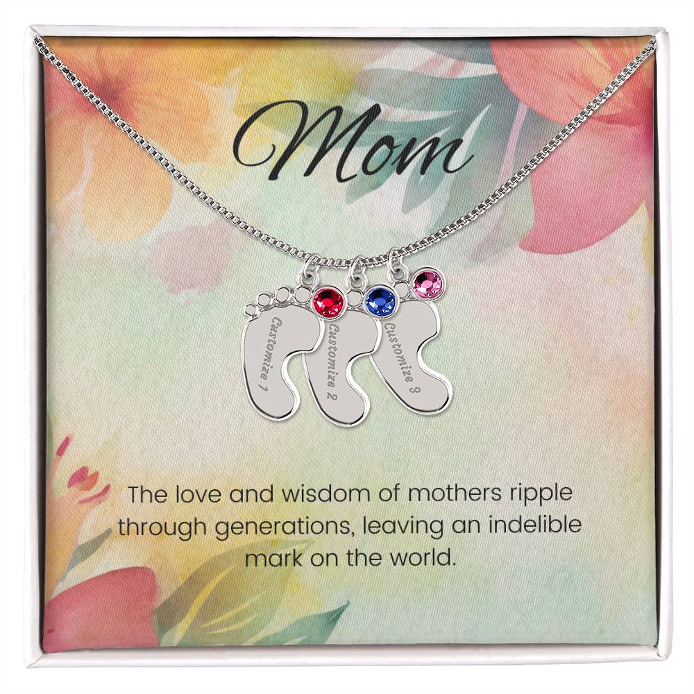 The love and wisdom of mothers...Engraved Baby Feet Necklace with Birthstone