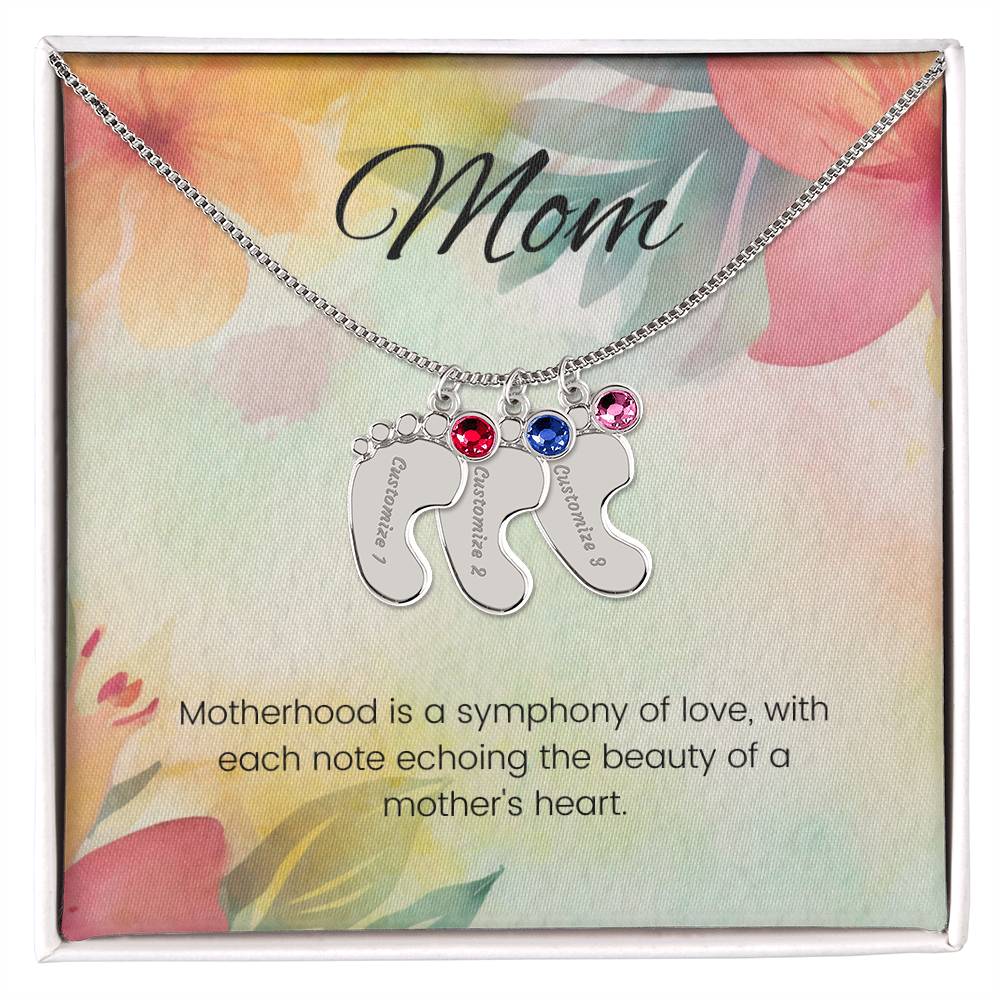 Motherhood is a symphony of love...Engraved Baby Feet Necklace with Birthstone