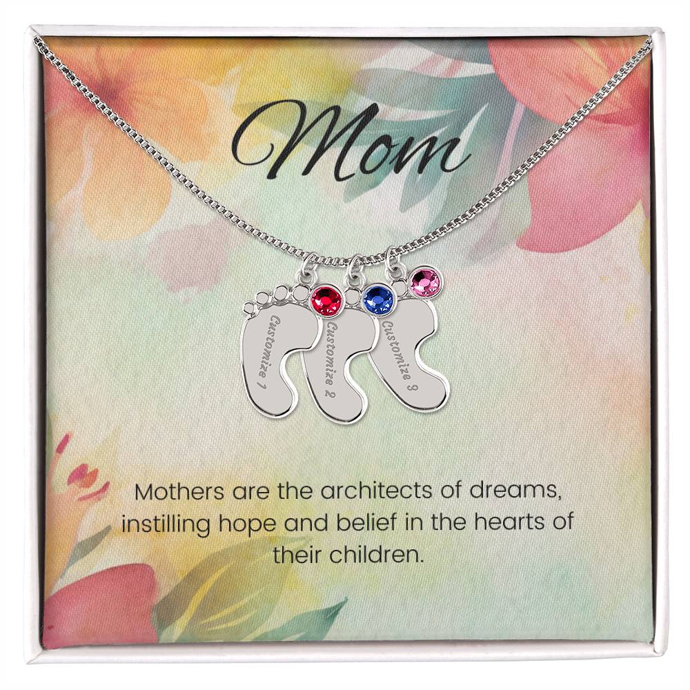 Mothers are the architects of dreams...Engraved Baby Feet Necklace with Birthstone