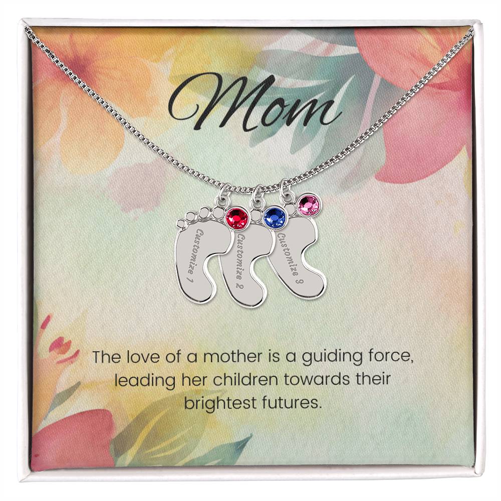 The love of a mother is a guiding force...Engraved Baby Feet Necklace with Birthstone