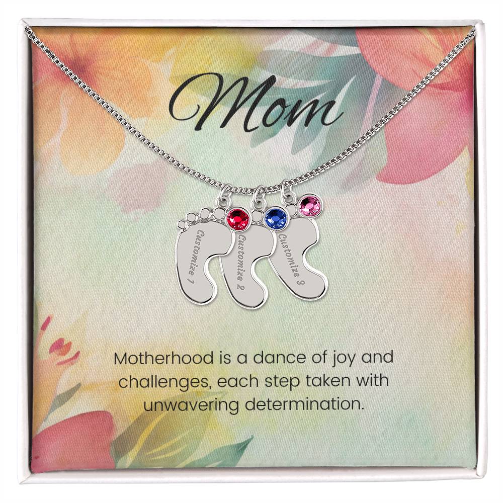 Motherhood is a dance of joy... Engraved Baby Feet Necklace with Birthstone