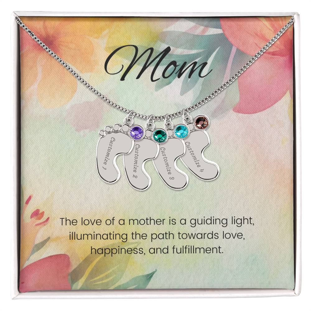 The love of a mother is a guiding light...Engraved Baby Feet Necklace with Birthstone