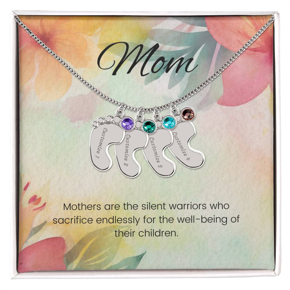 Mothers are the silent warriors...Engraved Baby Feet Necklace with Birthstone