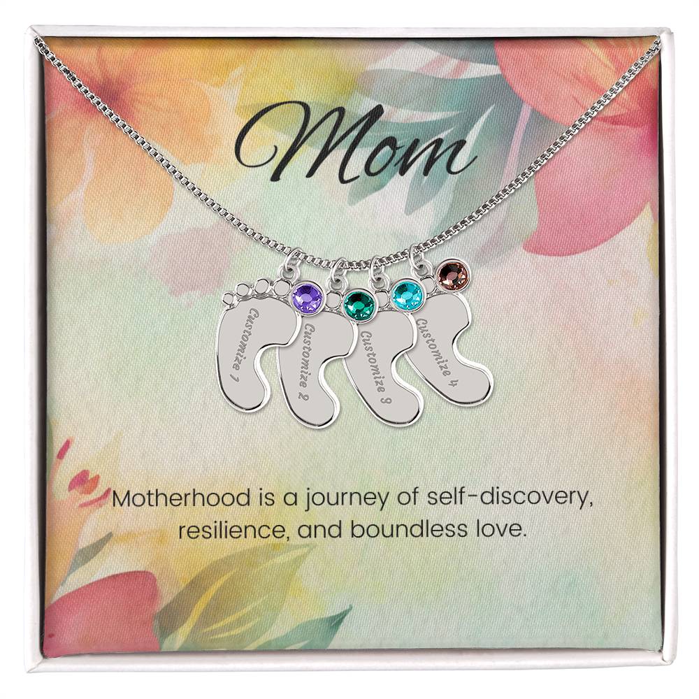 Motherhood is a journey of self-discovery...Engraved Baby Feet Necklace with Birthstone