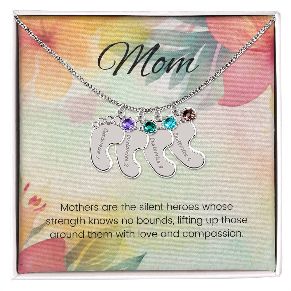 Mothers are the silent heroes...Engraved Baby Feet Necklace with Birthstone