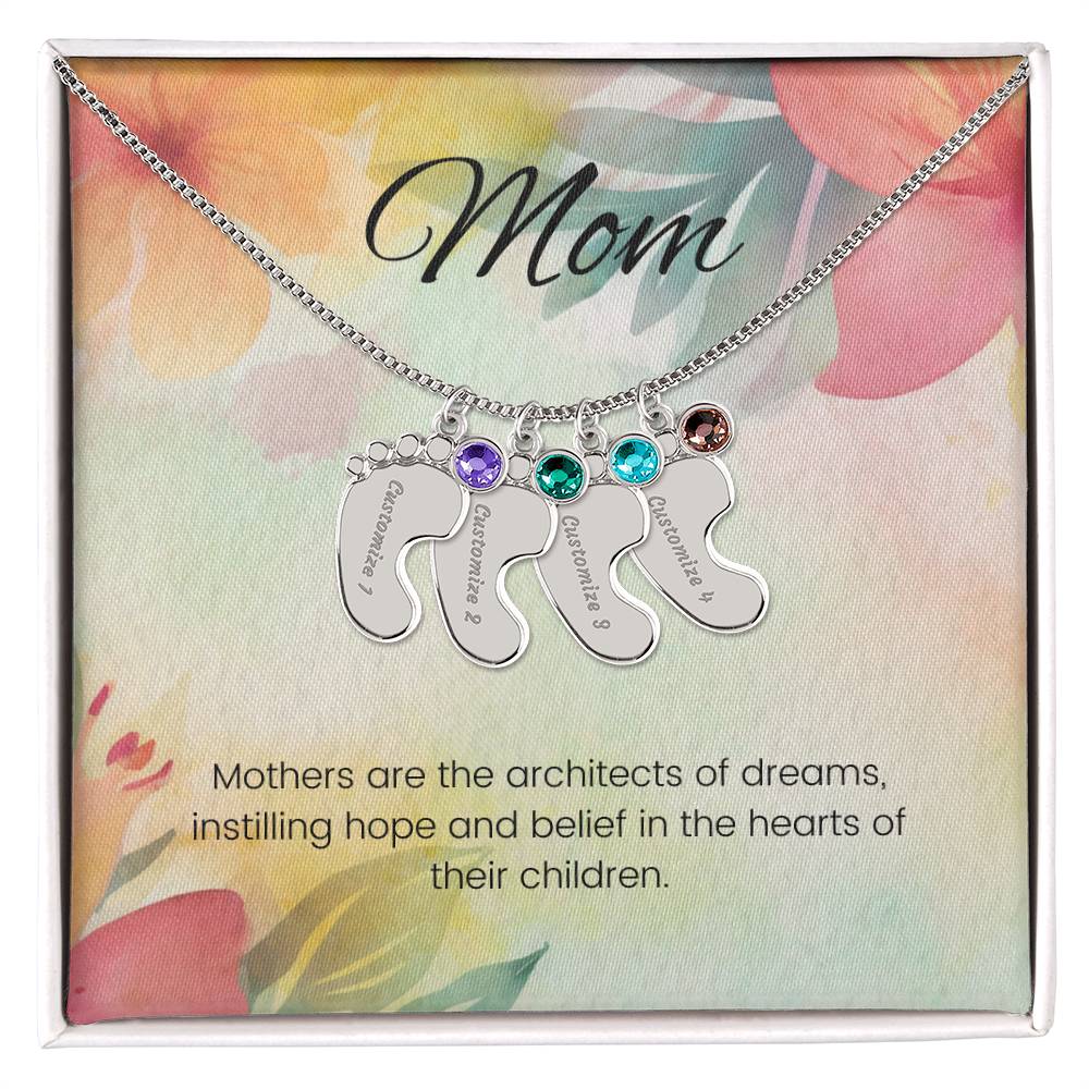 Mothers are the architects of dreams...Engraved Baby Feet Necklace with Birthstone