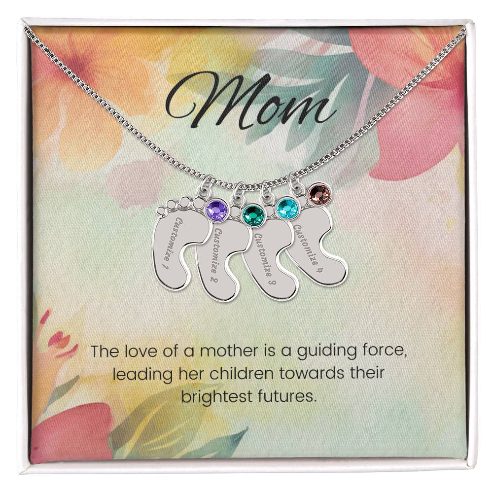 The love of a mother is a guiding force...Engraved Baby Feet Necklace with Birthstone