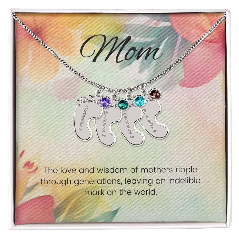 The love and wisdom of mothers...Engraved Baby Feet Necklace with Birthstone