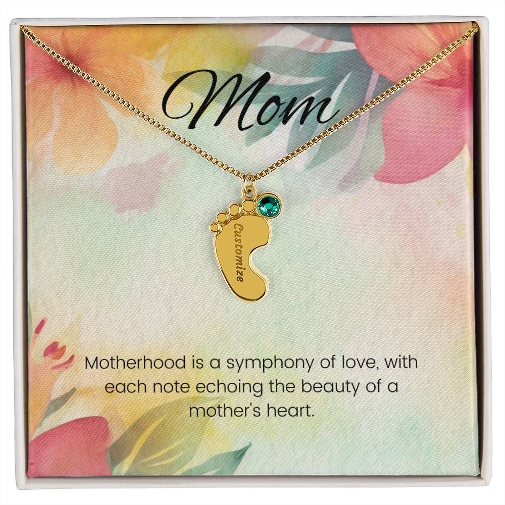 Motherhood is a symphony of love...Engraved Baby Feet Necklace with Birthstone