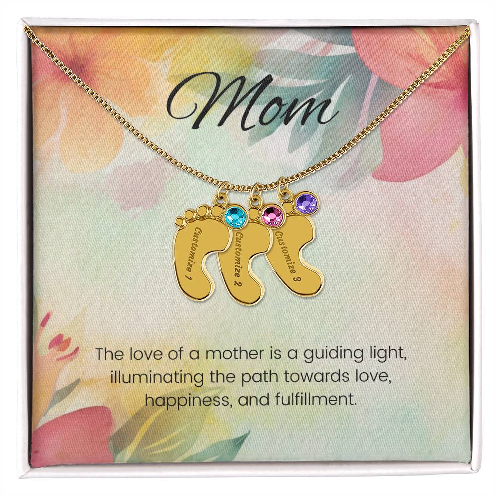 The love of a mother is a guiding light...Engraved Baby Feet Necklace with Birthstone