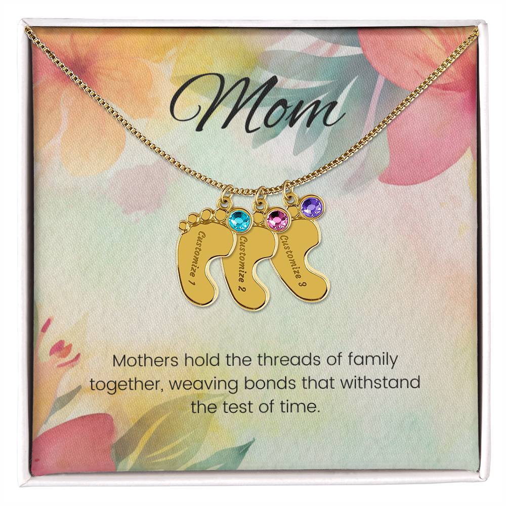 Mothers hold the threads of family together...Engraved Baby Feet Necklace with Birthstone